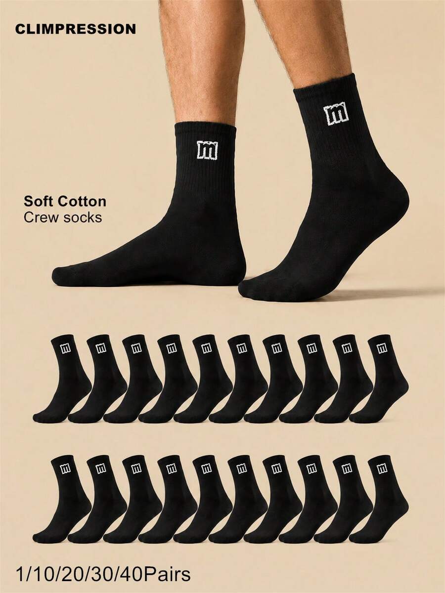 CLIMPRESSION 1/10/20/30/40 Pairs Cotton Half Crew Socks With Letter M Printing Solid Black Mid Calf Casual Socks Daily Wear - Black - View 1