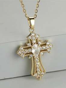 1 pieza Collar con colgante de cruz de circonita de lujo para mujeres - Amarillo Oro - Ver 3