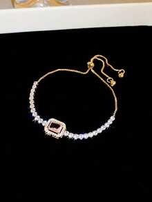 1pc Premium Square Pull Bracelet, Ins Style Niche Fashion Minimalist Elegant Design Hand Jewelry For Women - Gold - View 4