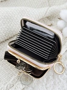 With A Chain Keychain, Fashionable Bow Print Zipper Credit Card Storage Bag With Multiple Compartments, Suitable For Travel - Pink - View 6