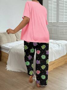Plus Size Women's Casual Loungewear Pajama Set, Cute Funny Cartoon Monster Dinosaur Print Short Sleeve Top & Long Pants 2 Pieces Set - Pink - View 2