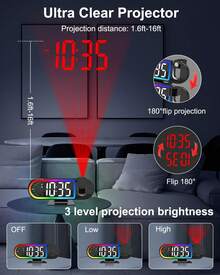 Reloj Despertador con Proyección para Techo de Dormitorio, Reloj Despertador con Pantalla Grande de 8.5" y 180°° Proyector Giratorio, 4 Niveles de Brillo, 17 Luces Ambientales, Temperatura y Día de la Semana, Función de Repetición, Relojes Digitales para Decoración del Hogar - 3,7*9,1 pulgadas - Ver 9