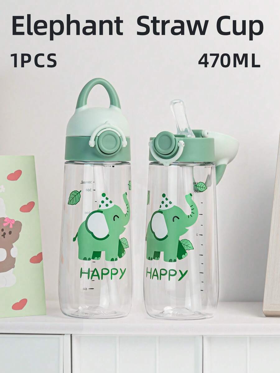 1個 470ML/560ML 可愛卡通吸管兒童杯,簡約學生水壺,可鎖定防漏防摔附手把,適合日常使用 - 萌萌象綠 - 查看 1
