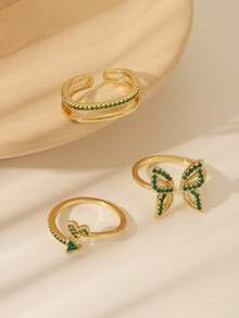 3pcs Set Exquisite Stackable Diamond Ring Set, Butterfly Decor Elegant Gold Ring, Women's Party Decorative Ring - Gold - View 4