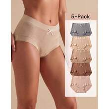 5-Pack Women's High Waist Ribbed Panties, Bow Decor, Odor Resistant, Breathable, Skin Friendly, Soft Stretch, 3D Hip Shaping, Daily Wear - Multicolor - View 2