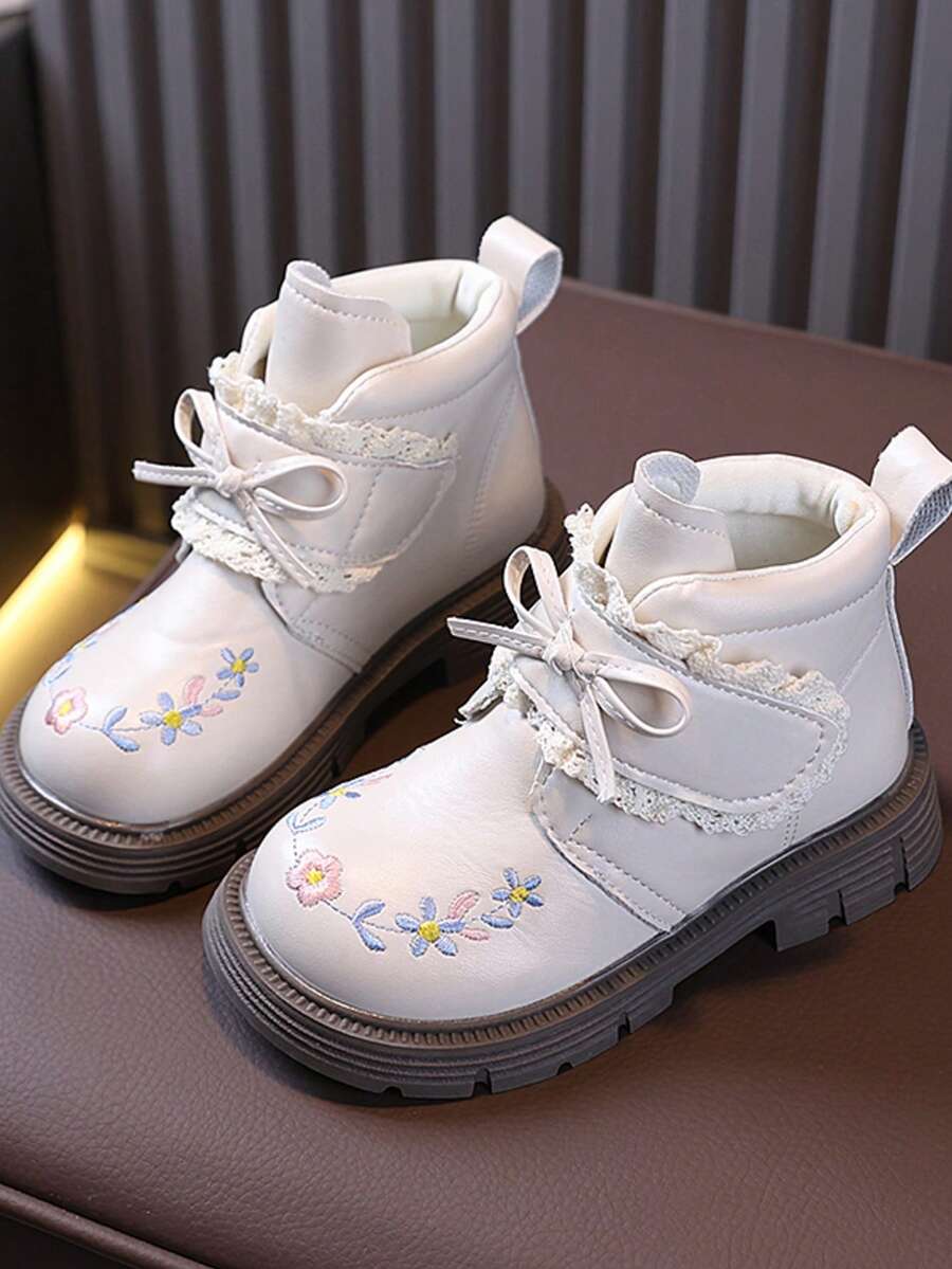 1 Pair Girls' Boots 2026 New Style Embroidered Bow Princess Boots British Style Hook And Loop Closure Leather Boots - Beige - View 1