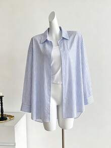 Plus Size Women's Preppy Striped Button-Down Long Sleeve Regular Fit Basic Top - Baby Blue - View 3