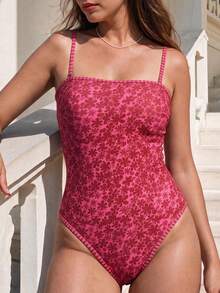 HOTTIE HABIT Women's Red Ditsy Floral Spaghetti Strap Square Neck High Cut One‑Piece Swimsuit, Slim Bathing Suit For Christmas Halloween Summer Beach Pool Vacation - Black - View 5