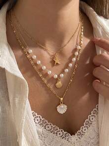 3pcs Summer Bohemian Style Faux Pearl Shell Pendant Multi-Layer Stackable Necklace Set, Suitable For Women Beach Vacation And Daily Wear, Coastal Style - Multicolor - View 2