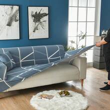 1pc Geometric Print Elastic Full Cover Sofa Slipcover, Modern Style Polyester Fabric, Sofa Home Protection Cover, Machine Washable, All Season - Navy Blue - View 2
