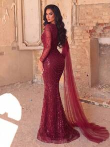 Faeriesty Women's Elegant Long Sleeve Beaded Evening Gown - Sheer Draped Cuffs, Sequin Embellished Mermaid Silhouette, Fitted Flared Hem, Suitable For Luxury Weddings, Red Carpet Events And Formal Dinners Party - 酒紅色 - 查看 2