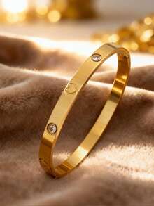 Znice Fashion Stainless Steel + Copper 18K Gold Plated Women's Shiny Square Zirconia Bracelet Paired With Gold Heart Copper Full Rhinestone Open Bracelet Set, Suitable For Women's Daily Wear, Holiday Gift Giving, Fashionable Women's Bracelet Set - Gold - View 6