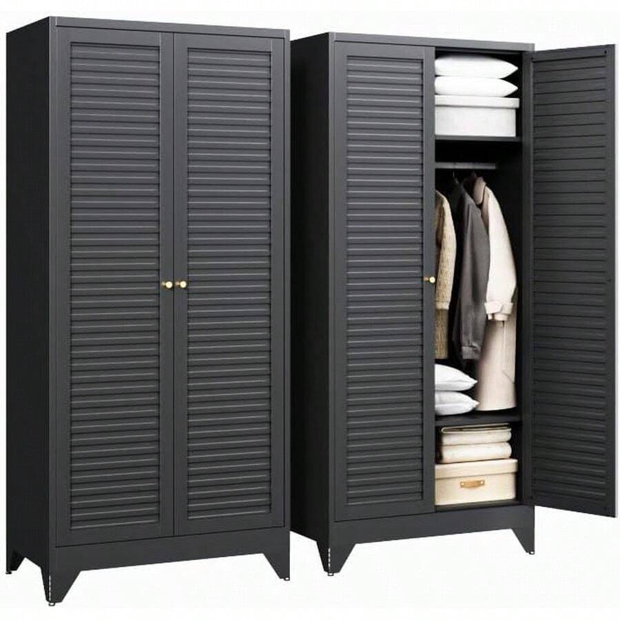 Armoire Wardrobe Closet 20 Inch Deep Metal Wardrobe Cabinet With And Shelves Hanging Rod Clothing Storage Cabinets Tall Freestanding Steel Clothes Organizer Armoire Bedroom Utility Room, Black - Black - View 1