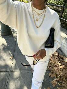 Women's Solid Color Round Neck Long Sleeve Knit Sweater, Casual Loose Soft Pullover Top, Autumn/Winter Daily Wear - White - View 3