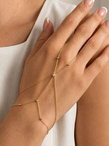 1pc Double Layer Mesh Rhinestone Bead Chain Finger Bracelet, Summer Fashion Bracelet, Minimalist Multi-Layer Back Of Hand Chain, Adjustable Hand Jewelry, Versatile Bracelet - Gold - View 1