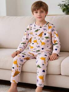 Young Boy 2-Piece Set Long Sleeve Top And Pants Pajama Set, Spring/Autumn/Winter Base Layer, Unisex For Boys And Girls, Ages 4-12 - Multicolor - View 1