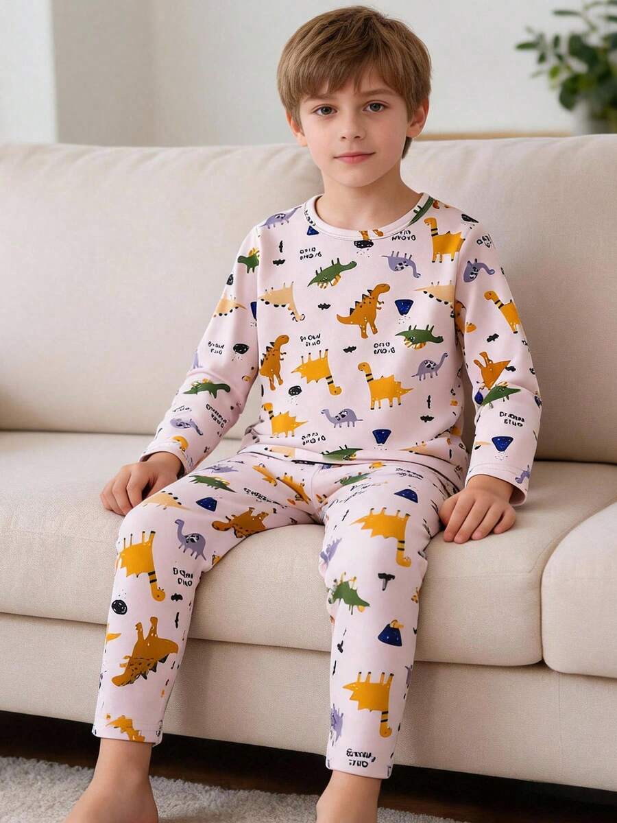 Young Boy 2-Piece Set Long Sleeve Top And Pants Pajama Set, Spring/Autumn/Winter Base Layer, Unisex For Boys And Girls, Ages 4-12 - Multicolor - View 1