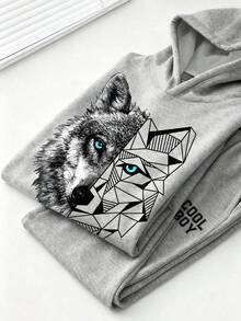 Youth Boy Cartoon Print Warm Hoodie And Sweatpants Set - Grey - View 3