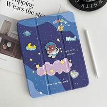 1pc Blue Astronaut Bear Space DIY Sticker 3-Fold Flip Cover PU Leather Case With 3-Fold Stand Function And Pen Slot, Suitable For All Models - Blue - View 2