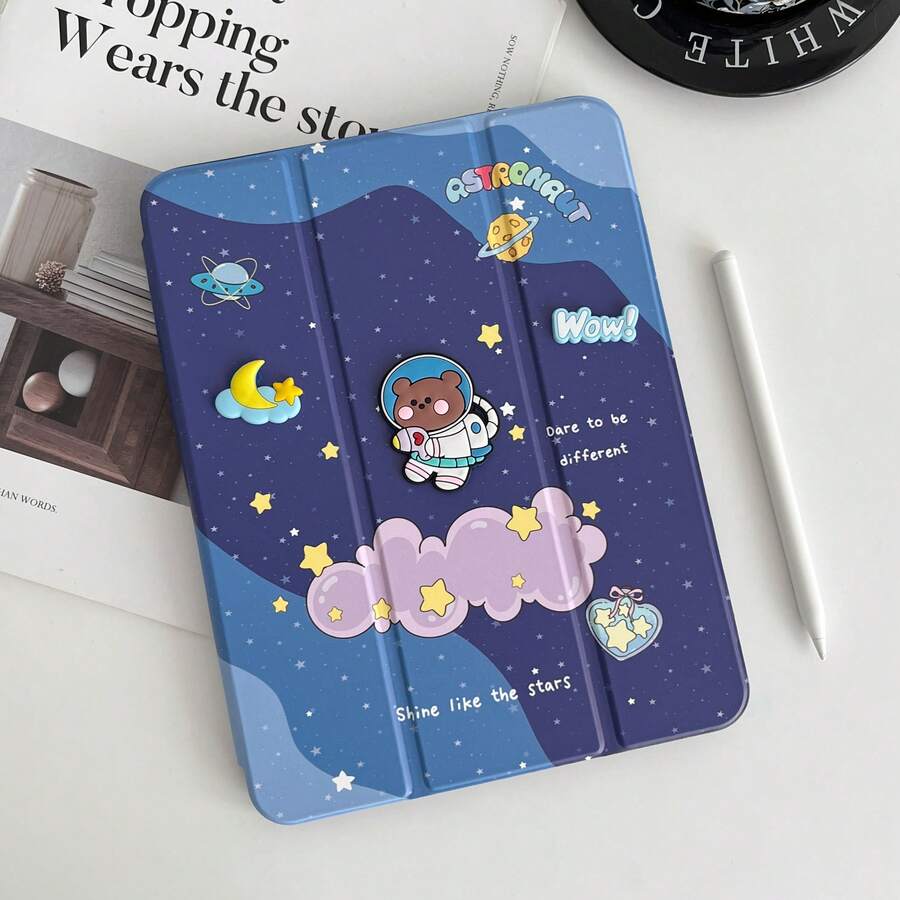 1pc Blue Astronaut Bear Space DIY Sticker 3-Fold Flip Cover PU Leather Case With 3-Fold Stand Function And Pen Slot, Suitable For All Models