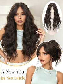 Women's 26 Inch Long Wavy Curly Wig With Curtain Bangs, Natural Dark Brown Synthetic Fiber Hair, Suitable For Daily Wear, Beginner Friendly, Heat Resistant Fashionable Style, Glue-Free Ready To Wear - Multicolor - View 7