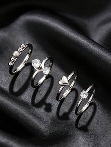 4pcs Fashion Stainless Steel Silver Ring Set, Heart & Round Bead Double Zirconia Inlaid Thin Band Stacking Rings, Minimalist INS Style, Unisex Jewelry Gift For Valentine's Day & Birthday - Silver - View 8