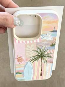 Fashionable Personalized Vacation Style Minimalist Phone Case With Surfboard, Palm Tree And Turtle Striped Pattern Design, Compatible With IPhone 17/17Pro/17ProMax/16/16Pro/16ProMax/15/15Pro/15ProMax/14/13/12/11, Suitable As Birthday, Holiday Gift For Friends, Family Or Couples - Multicolor - View 1