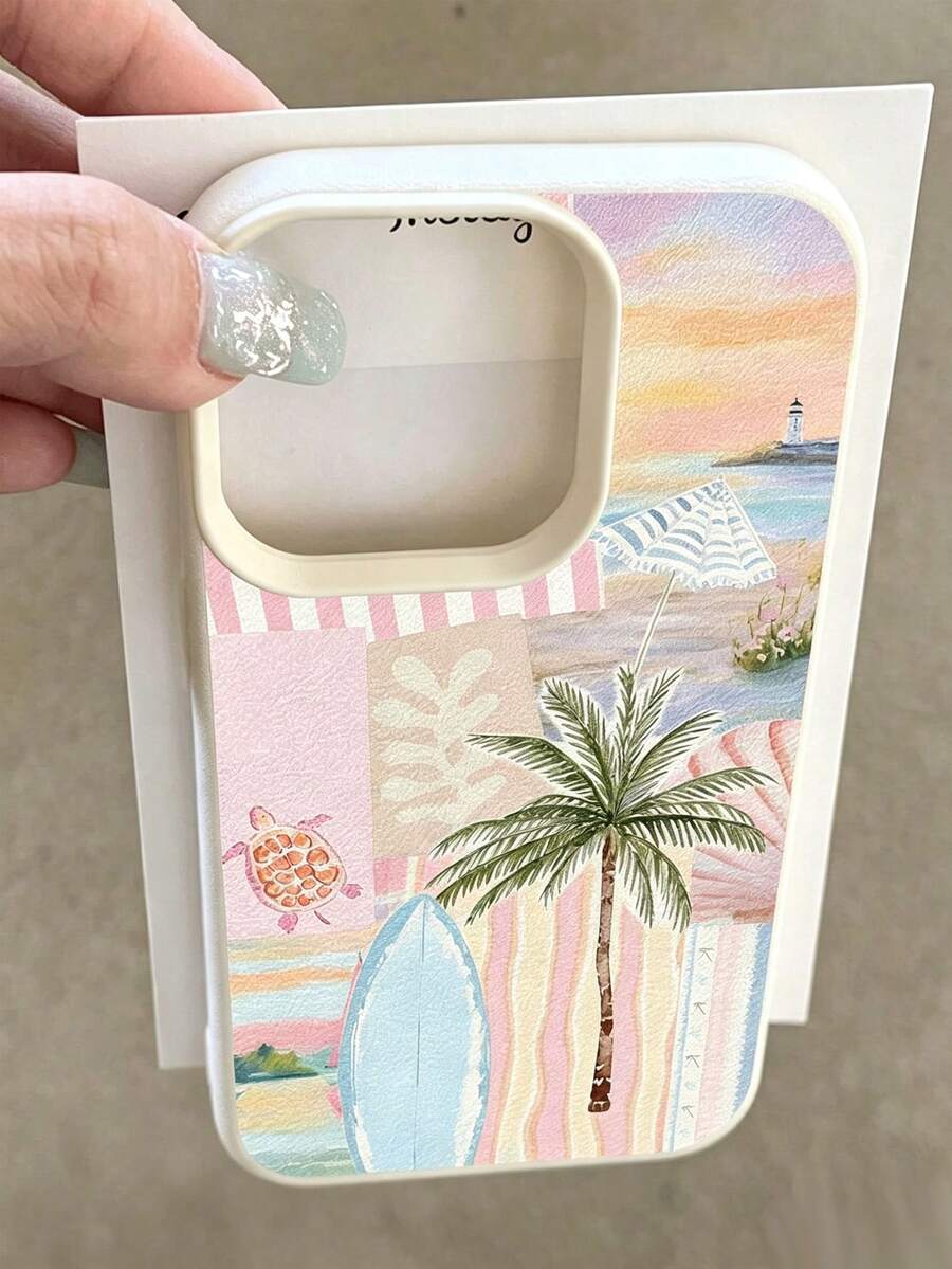 Fashionable Personalized Vacation Style Minimalist Phone Case With Surfboard, Palm Tree And Turtle Striped Pattern Design, Compatible With IPhone 17/17Pro/17ProMax/16/16Pro/16ProMax/15/15Pro/15ProMax/14/13/12/11, Suitable As Birthday, Holiday Gift For Friends, Family Or Couples - Multicolor - View 1