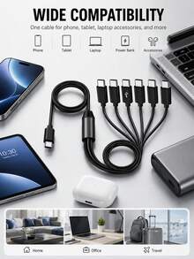 1-To-6 USB-C Multi-Device Charging Cable, 6-Head Splitter Cord With 1 Data Sync Connector And 5 Charging Connectors, Black - Black - View 5