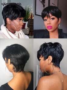 MEGALOOK 6 Inch Silky Straight Short Wig With Bangs Natural Color 100% Human Hair Wigs Machine-Made Short Curly Wig Glueless Virgin Human Hair Curly Wig Bangs Wig Natural Looking - SNatural - View 6