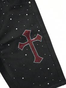 Shorts de mezclilla casuales para hombre con bolsillos y strass cruzado - Negro - Ver 4