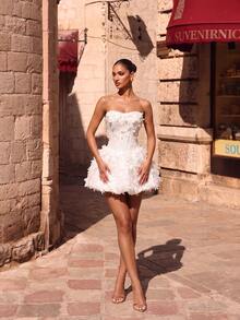 White Woven Embroidered Backless Lace-Up Mini Homecoming Party Dress Wedding - White - View 4