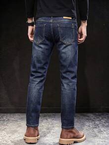 Men's Minimalist Slim Fit Denim Jeans With Light Distressed Cat Whisker Wash, Comfortable Stretch Fit, Non-Tight, Versatile Casual Everyday Work Jeans - Dark Wash - View 7