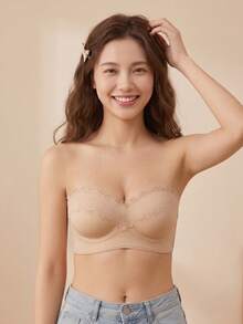 Strapless Minimalist Lace Push-Up Bra, Solid Color Women's Backless Wireless Bra, Sweet Teen Style Lift Support Ultra Thick Cup Lingerie [For Flat Chest] - Apricot - View 1