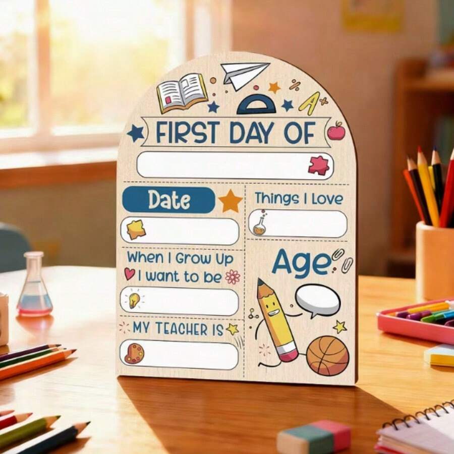 2D platt 1 st dekorativ hängande skylt i trä med trycket "First Day Of School", Back to School-present i trä, anpassningsbar med namn och datum, med skollogo, böcker, pennor och linjalmönster, 2D platt Halloween- och juldekoration, dekorativ skylt - 1PC - Visa 1