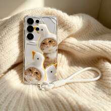 1pc Cat & Duck Pattern Cream Wavy Anti-Drop Protective Phone Case + Lanyard Accessory Compatible With Galaxy S23/S24/S25/S26/S26Ultra/S26 Plus/A57/A37/A17/A07/ Note13Pro/ A3X/ Y21 Series Android Models - Clear - View 6