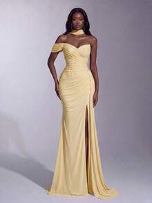 Elegant Off-Shoulder Choker Neckline Ruched Fitted Corset High Slit Bodycon Silhouette Evening Gown, Suitable For Photoshoots And Formal Dinner - Yellow - View 4