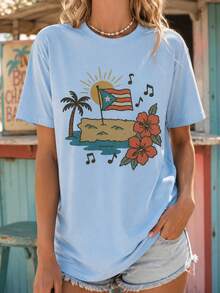 Womens Puerto Rico Shirt, Boricua Graphic Tee, Puerto Rican Floral Short Sleeve T-Shirt, Oversized Casual Summer Gift Top - Light Blue - 查看 1