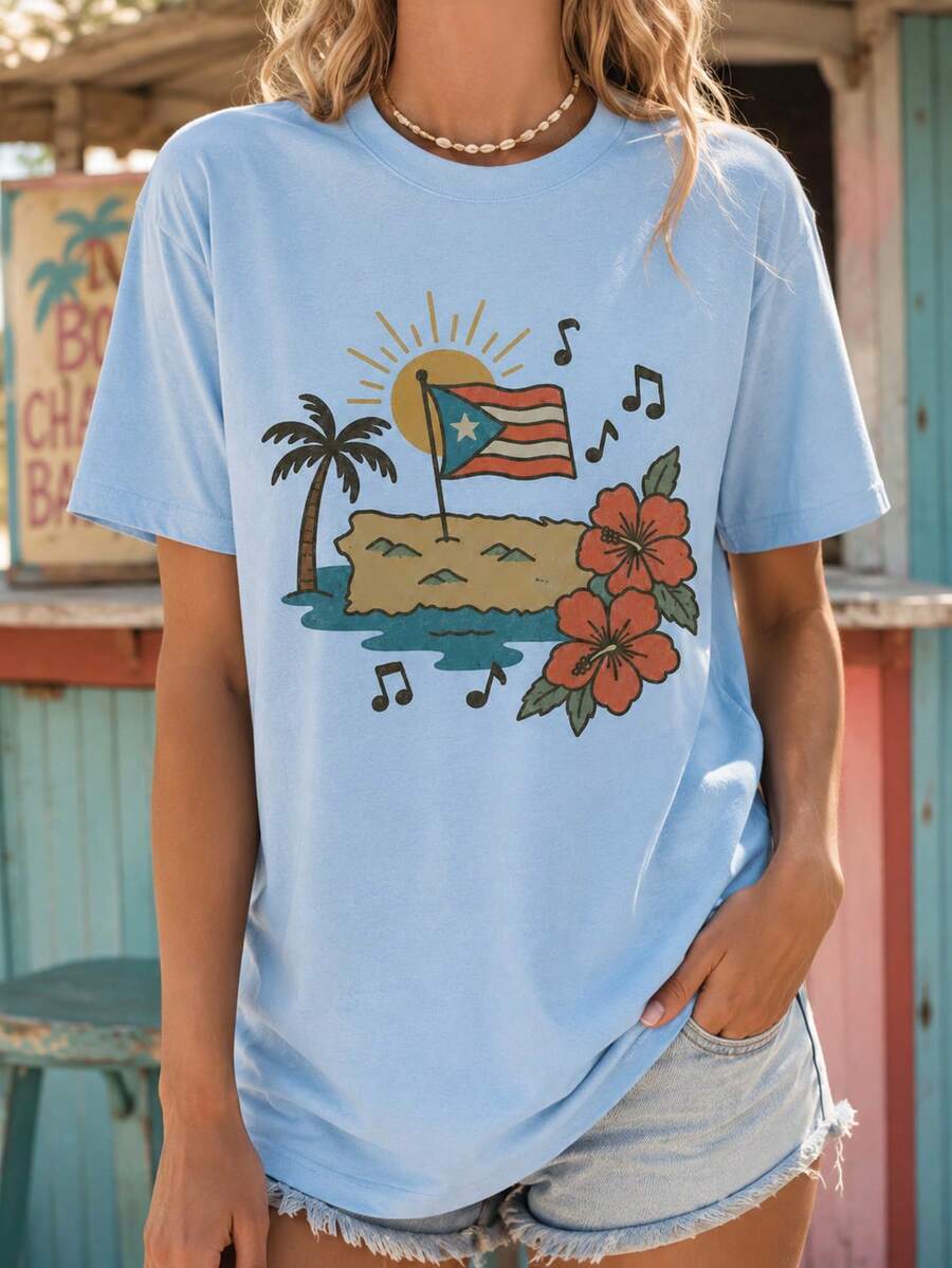 Womens Puerto Rico Shirt, Boricua Graphic Tee, Puerto Rican Floral Short Sleeve T-Shirt, Oversized Casual Summer Gift Top - Light Blue - 查看 1