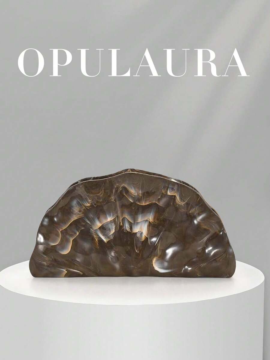 OpulAura 歐美時尚復古貝殼造型休閒紋理金屬色方型手拿包,不對稱設計手提包,磁吸開合,適合派對、婚禮、舞會、晚宴、女性生日派對及舞會聚會 - 咖啡 - 查看 1