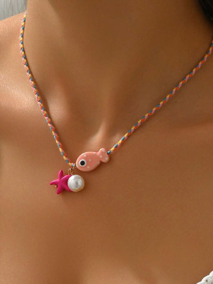 1pc Versatile Ceramic Ocean Fish Pendant Necklace With Adjustable Rope Chain, Starfish And Faux Pearl Pendant Jewelry - Pink - View 1