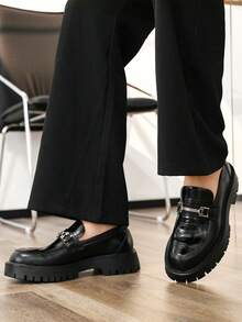 Men's Crocodile Texture Metal Buckle Thick Sole Loafers British Slip-On Formal Shoes Commute Wedding Casual Shoes - Black - View 8
