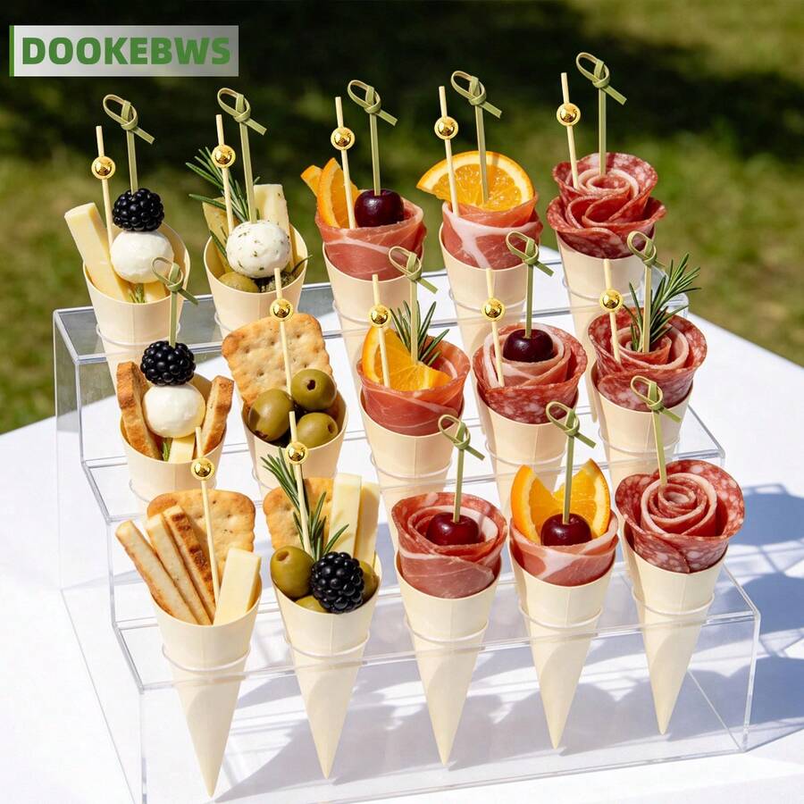 75pcs Disposable Wooden Food Cones With Bamboo Skewers (25pcs Food Cones + 25pcs Bamboo Skewers + 25pcs Artificial Gold Bead Bamboo Skewers), Exquisite Party Supplies, Used For Holding And Displaying Cold Meat And Cheese Platters, Snacks, Appetizers, Fruit Desserts, Perfect For Weddings, Bridal Shower / Hen Party, Birthday Parties, Outdoor Banquets - Multicolor - View 1
