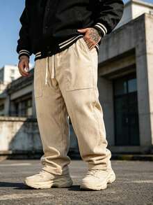 Plus Size Men's Corduroy Pants, Elastic Drawstring Waist Loose Wide Leg Cargo Pants, Casual Street Style Loose Long Pants - Apricot - View 11