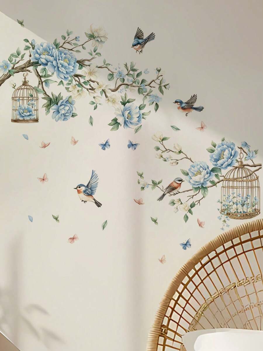 1 buah Stiker Dinding Motif Burung Bertengger Bunga Biru Muda, Stiker Dinding Bunga & Burung Gaya Cina Segar, Dekorasi Ruangan yang Dapat Dilepas untuk Kamar Tidur, Ruang Tamu, dan Lorong - 1PC - View 1