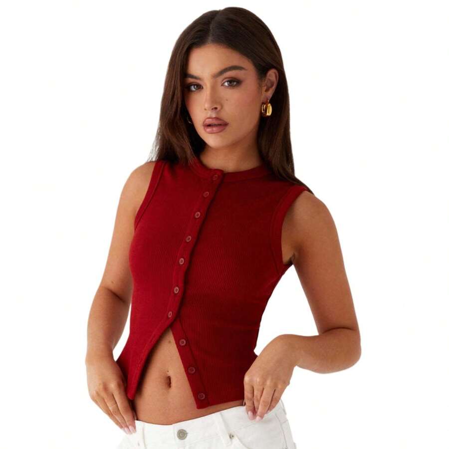 Summer New Knitted Simple Slim Sleeveless Solid Color Undershirt Undershirt Women - 酒紅色 - 查看 1