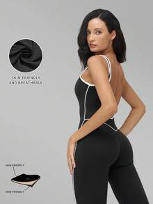 MFVIM Women's Sports Colorblock Tank Top Hollow Back Design Jumpsuit Showcasing Beautiful Shoulder Blades - Black - View 5