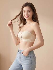 Bra Minimalis Tanpa Tali dengan Penutup Depan untuk Wanita, Bra Tanpa Kawat Tanpa Jahitan, Bra Tanpa Punggung Warna Polos, Gaya Gadis Manis, Nyaman, Mengangkat, Memberikan Dukungan, Bra Cup Tebal [Untuk Dada Rata] - Sampanye - View 5
