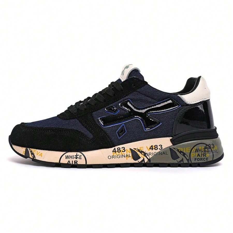 Men's Retro Color Block Suede Panel Sneakers Breathable Mesh Casual Running Shoes Non-Slip Printed Sole Fashion Walking Trainers - 邇富大米黑軍 - 查看 1