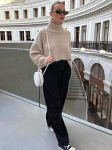 Sweater Pullover Lengan Panjang Leher Tinggi Rajut Bergaris Kasual Minimalis untuk Wanita, Warna Beige, Kain Rajut Elastis Sedang, Cocok untuk Musim Gugur. - lenan - View 6